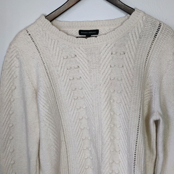 Banana Republic Merino Wool Alpaca Sweater Womens XL Ivory Pom Poms Shabby Chic - Picture 2 of 10